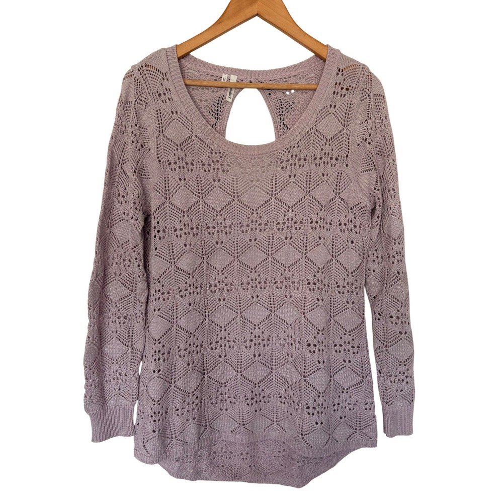 Studio Y Crochet Lavender Pointelle Knit Sweater Open Back Black Ribbon Tie M